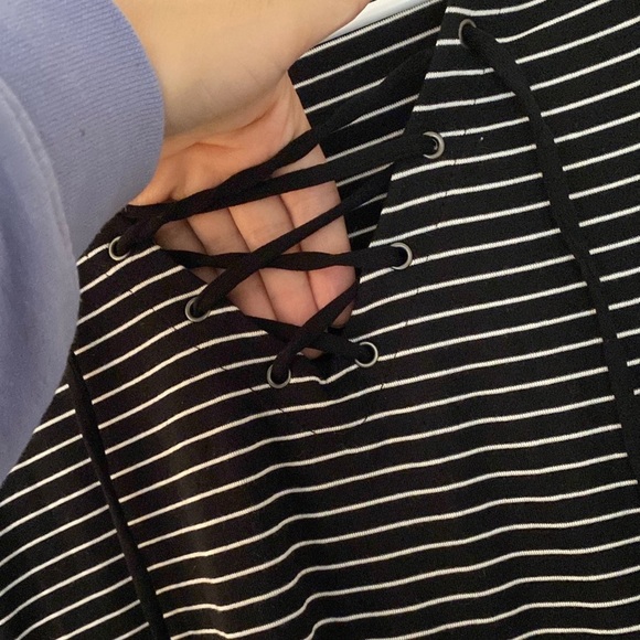 Old Navy black and white stripe top with cross lace front - Picture 3 of 5